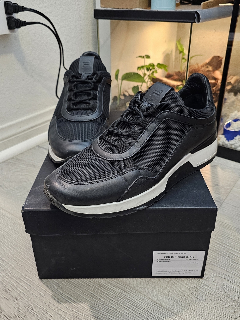 Porsche Design Black Leather & Mesh Sneakers with White Midsole